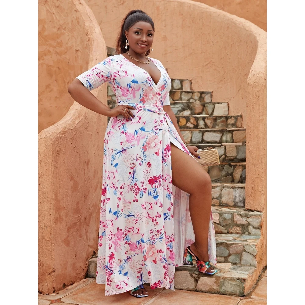 chinese dress ladies Red Floral Palm Print Wrap Maternity Plus Maxi Dress  PinkBlush