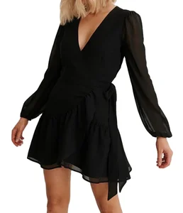 Women's Fashion Summer Chiffon Long Sleeve Tie Wrap Ruffle Short Sexy V-neck Casual Mini Dress 100% Polyester Empire Waist