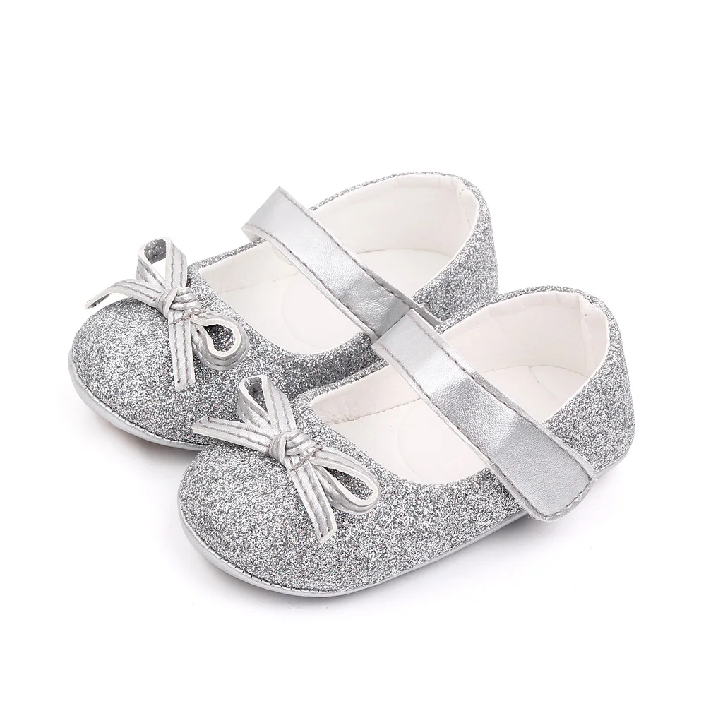 Spring and Summer New Sparkling Solid Color Glitter Bow Baby Girls Princess Walking Shoes factory
