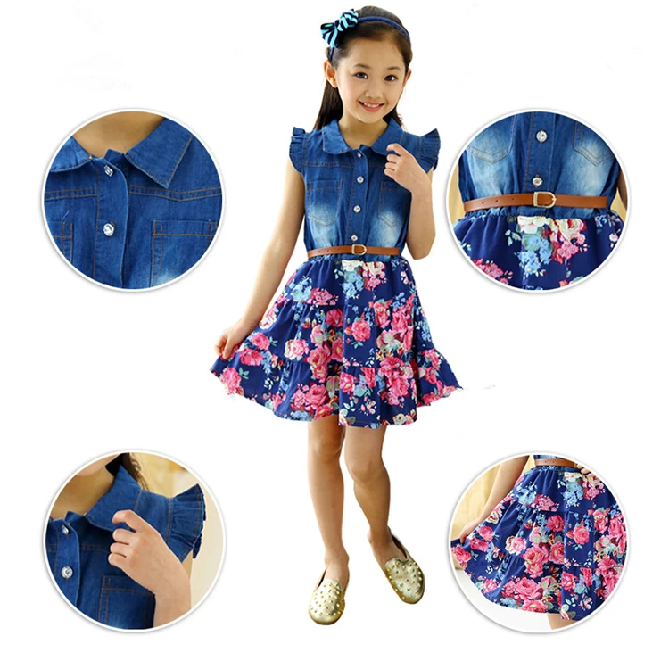 YJ.GWL Girls Dresses Denim Floral Swing Skirt with Belt Girls Fashion Clothes for 7-8 Years Size 150 Blue, 7 Years, 7 Years