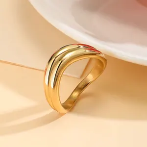 Fashion Simple Non Tarnish Women's Double Layer Wave Rings Stainless Steel 18K Gold Plated Jewelry Rings