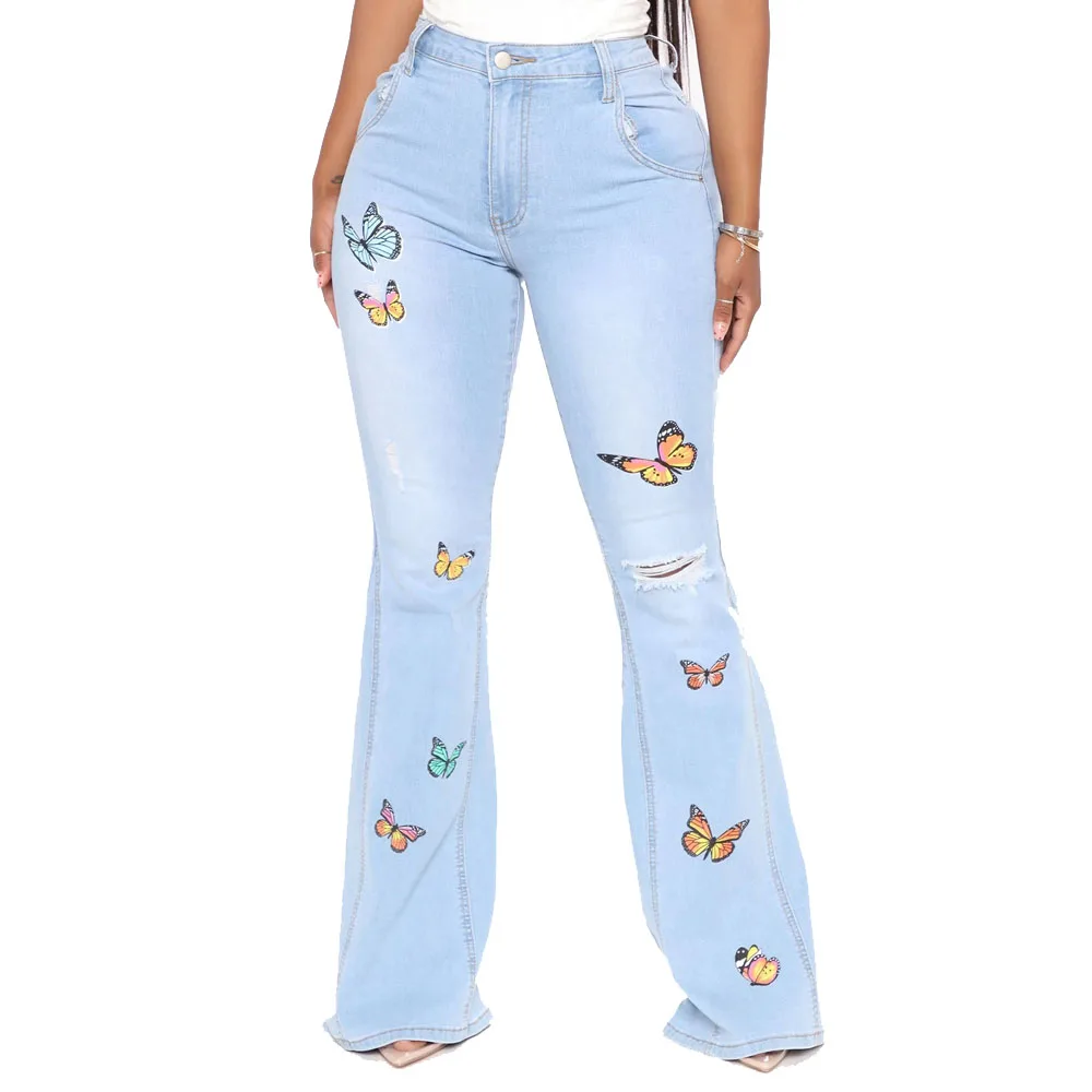 Grosir Motif Kupu-kupu Jins Robek Denim 
