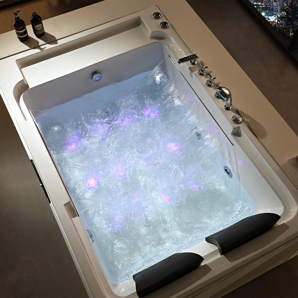 Two-Pillar Freestanding Rectangular White Acrylic Bathtub Stylish Design Bathroom Massage Bathtub