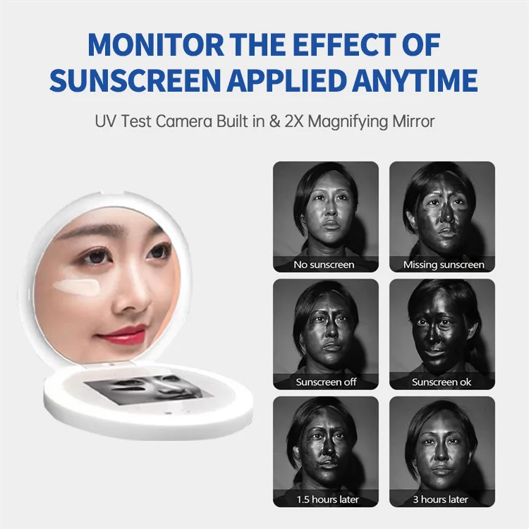 Travel Makeup Mirror 2x Magnification Portable Led Makeup Mirror Vanity Makeup Mirror With Uv Camera for Sunscreen Test