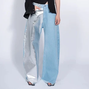 New Arrivals Oversized Women Custom Denim Blue High Waist Wide Legs Pants Denim Jeans with Raw Hem