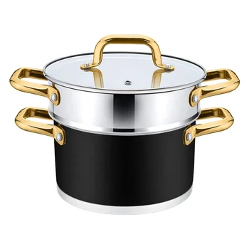 High Quality Golden Handle Cooking Pot Cookware Induction Stainless Steel Casserole Steamers