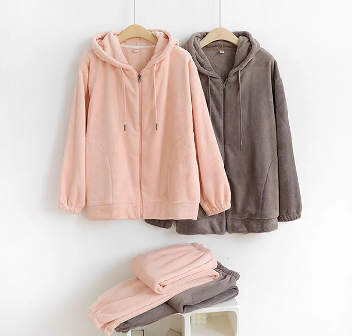 Winter Zip-Up Hoodie and Pants Set Warm Fleece Flannel Pyjamas for Men and Women Sleepwear for Couples