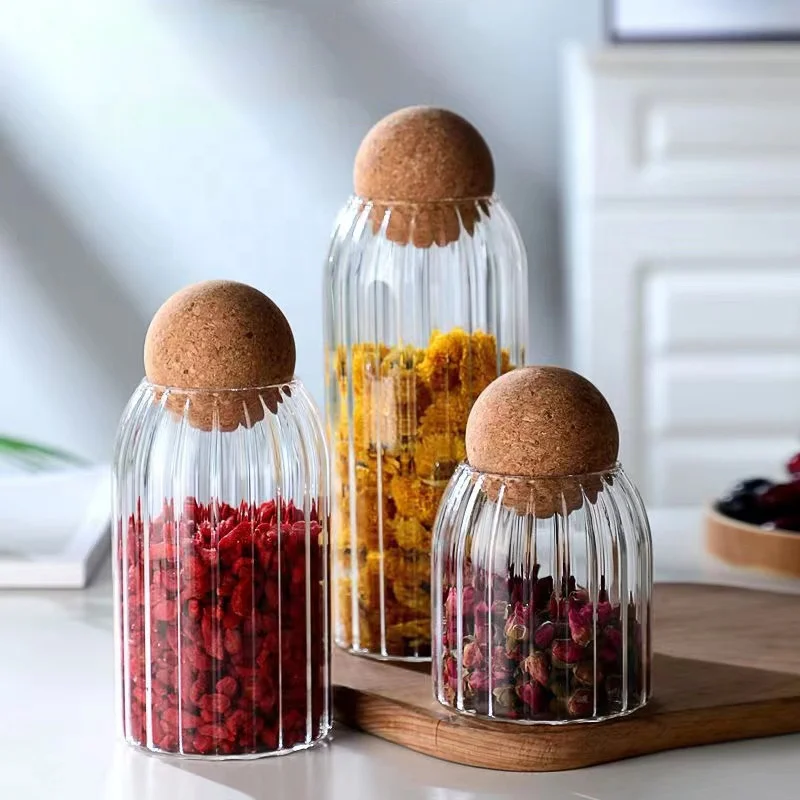 Wholesale Sealed Glass Storage Container with Ball Cork Lid Food Storage Glass Jar Heat Resistant Glass Canister for Coffee Bean