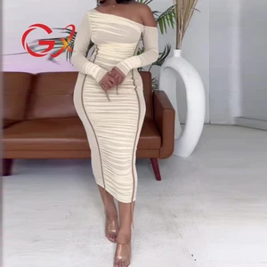 GX15619 Fashion Spring Fall Clothing Vendor Elegant Street Wear Women Long Sleeve Dress Sexy Irregular Neck Mesh Dresses