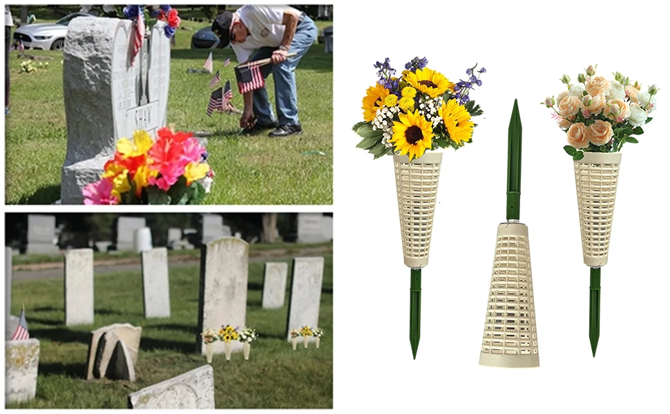 Gravesite Flower Holder for Cemetery Vase with Spikes Grave Flower Memorial  Decorations Gravesite Stake in Ground (7 Inch Grey)