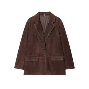 Autumn New European American Women's Elegant Retro Brown Loose Pocket Long Sleeve Woven Solid Polyester Single Button Casual