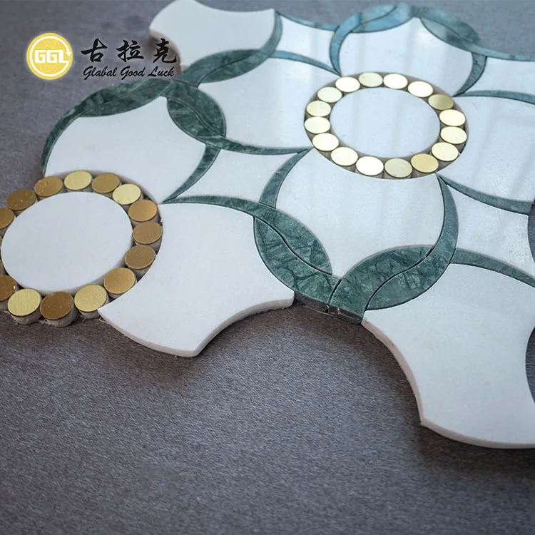 Flower pattern marble mosaic pure white and green marble chips inlaid with gold dots waterjet tile