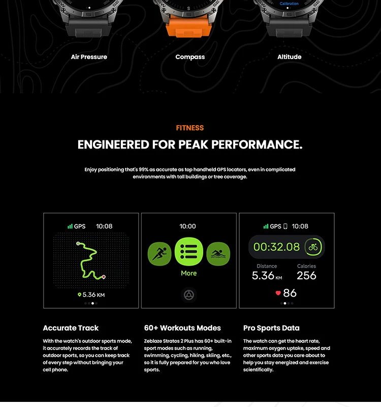 Zeblaze Stratos 2 Plus GPS Smart Watch 1.43'' AMOLED Display Compass Barometric Altimeter Bluetooth Phone Calls Smartwatch