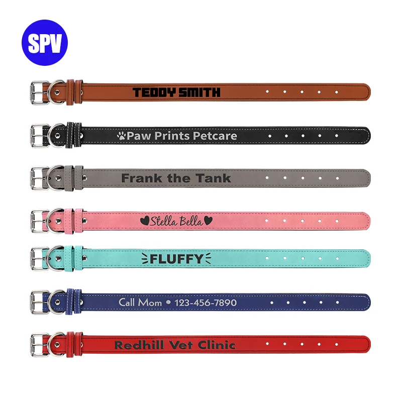 Custom Personalized Adjustable Size Metal Clasp Laser PU Leather Pet Collars Laserable Leatherette Dog Cat Collar supplier