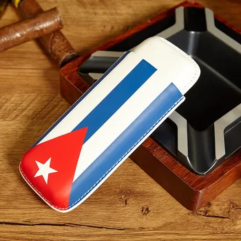 Factory Price Portable cuban flag Cigar Case Box Travel Humidor Holder 2 Tube Cigar leather  Case