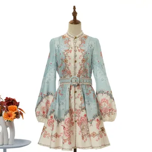 Cross-border New Design Sense High Version Single-breasted Stand Collar Lantern Sleeve Floral Knee-Length A-Line High Waist Belt