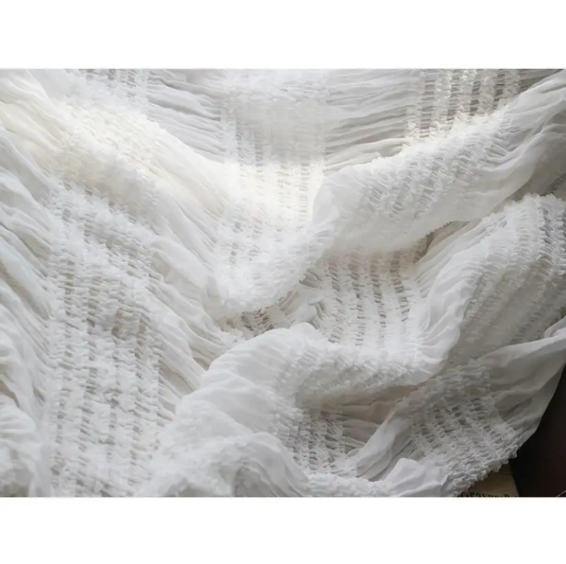 Spring Summer New Chiffon Hook Embroidery Stripe Wrinkle Fabric fairy Style Wedding Dress Elastic Fabric Wholesale