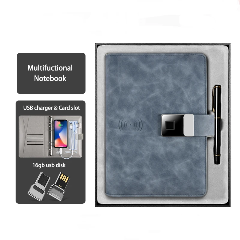 Design LED Logo Diary With Power Bank Fingerprint Lock Diary 2024 Hot Sales and New Travel Gift Leather Hardcover Password Lock