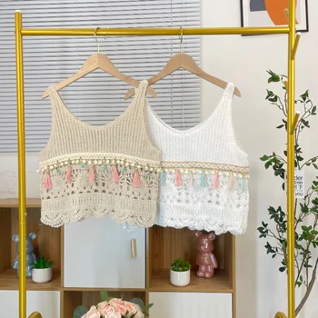 Retro tassel sleeveless knitted vest for women's new summer style, overlapping and wearing thin short hollow suspender tops.