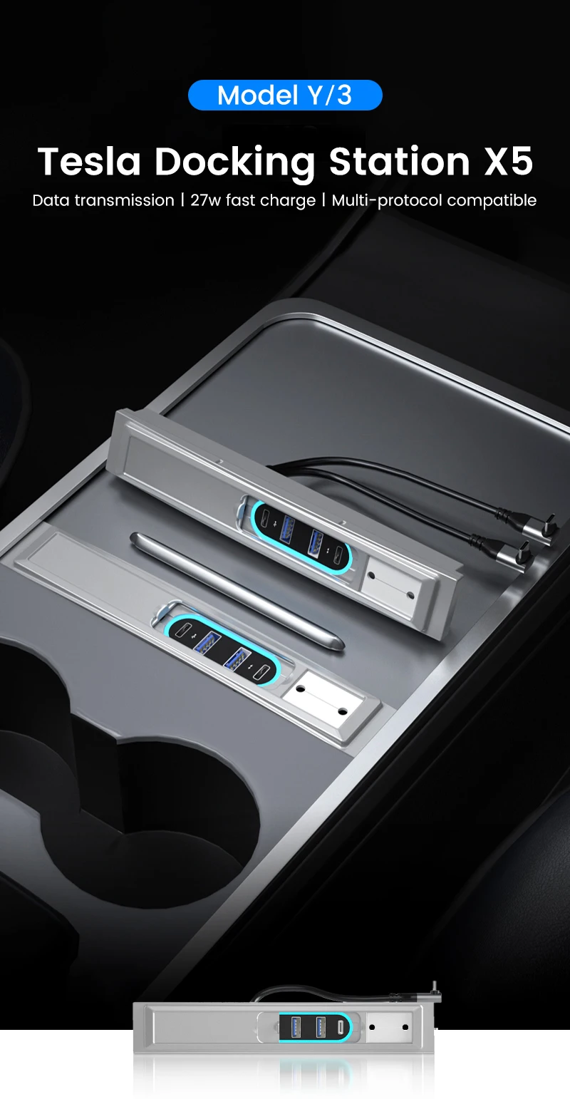 Model Y Docking Station  QC Docking Station with LED Light -Slide Cover USB Center USB Hub for Teslas Model 3 Model Y