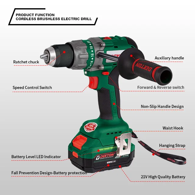 Dekton-B3320 20V Cordless Drill- 100Nm Dual Speed-with Auxiliary Handle Cordless Tools Brushless Motor Cordless Drill Set supplier