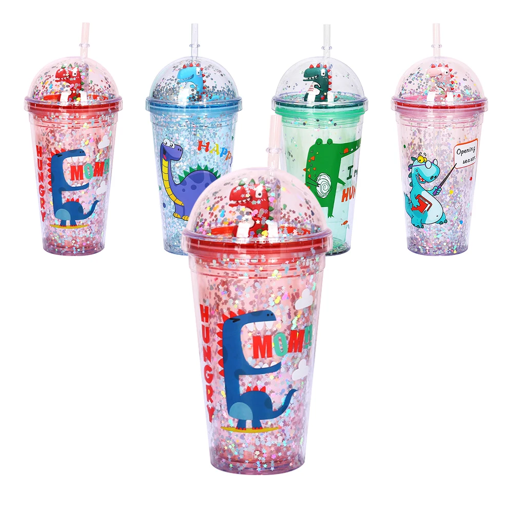 Little Dinosaur Design Custom Logo Plastic Tumbler AS Plastic Reusable Cups Glitter Tumbler With Lids and Straw