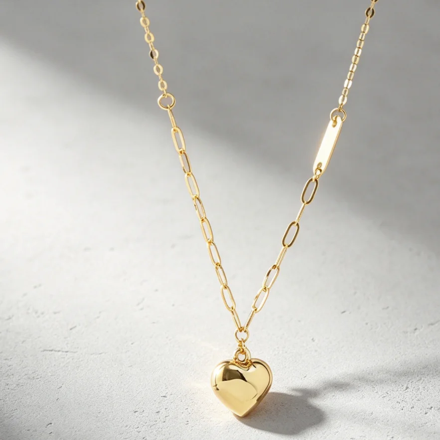 AU750 Custom 10k 14k 18k Solid Gold Link Chain Necklace with Heart