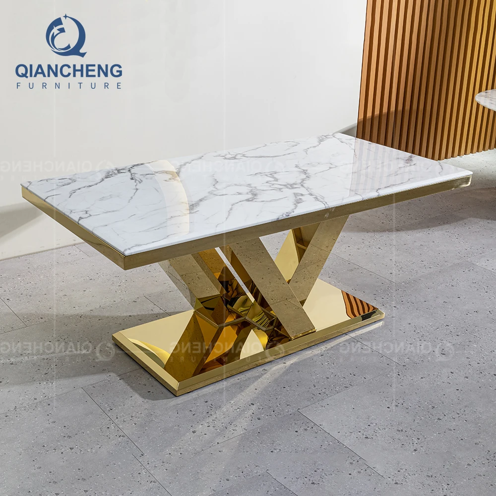 Luxury Gold Dining Table With White Marble Top Banquet Table Oem Furniture Supplier Dining Table