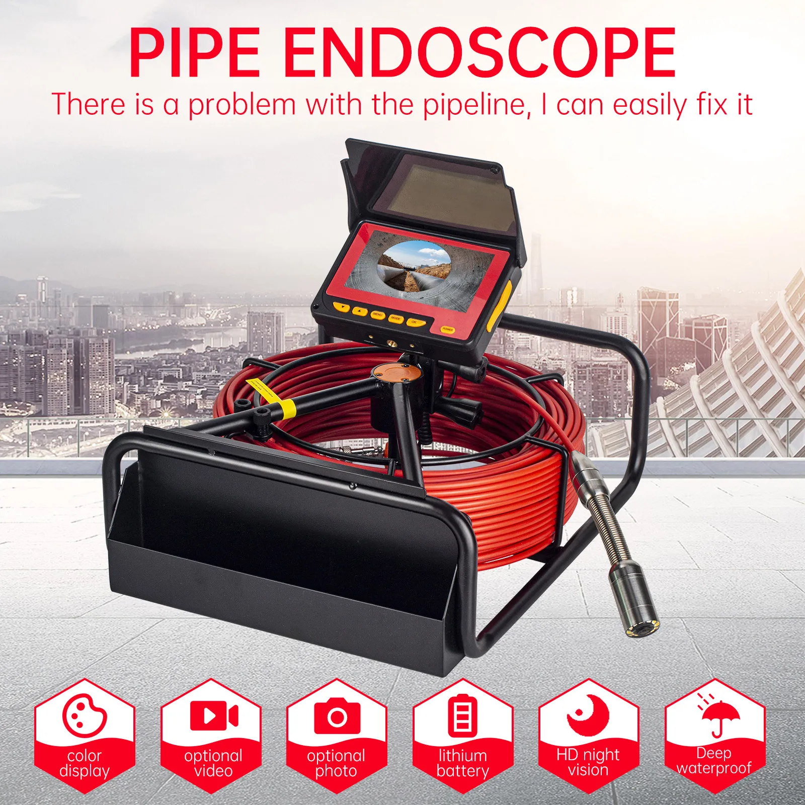 Factory Direct Sales Sewer Camera 4.3-inch Color Screen Sewage Pipe Camera Sewage Pipe Drain Detection Endoscope 16GB Video Recording details