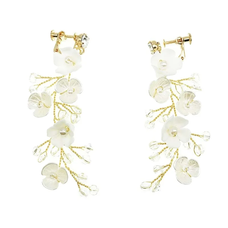 ROMANTIC Handmade Crystal Clip on Wedding Dangle Flower Bridal Earrings for Women