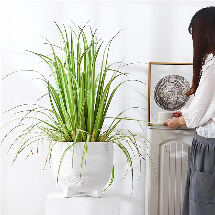 Large Diameter White Stripe Concrete Matte Floor Garden Table Planter Flowerpot Modern Garden Flower Plant Pot with Feet