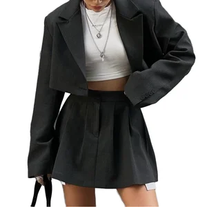 Customize Fashion Formal Women Blazer Skirts Suit Elegant Solid Long Jackets Mini Pleated Skirts Two Pieces Set Female Clothes