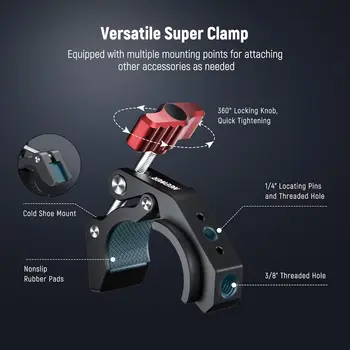 NEEWER Crab Shaped Camera Clamp Mount Super Clamp with Cold Shoe and 1/4" 3/8" Threaded Holes detail image