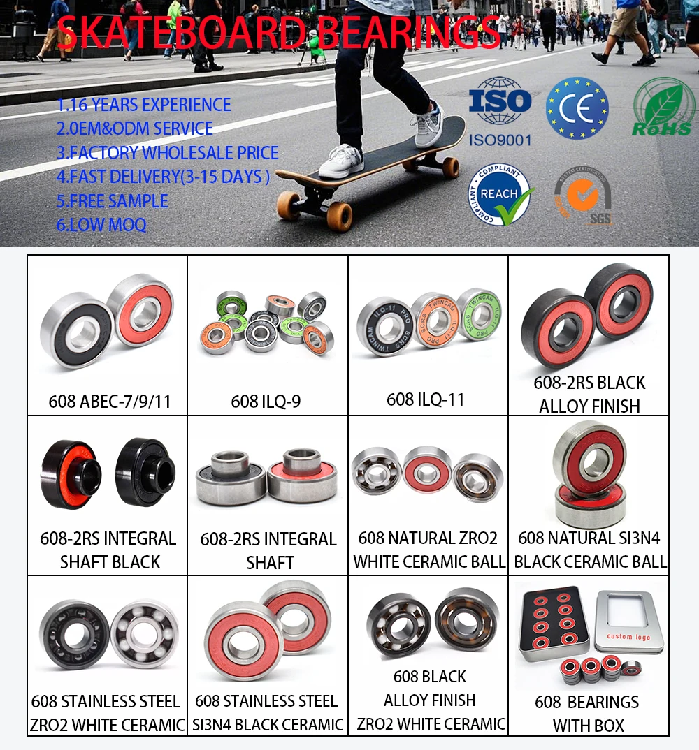 High Quality Customize High Speed ABEC 3/5/7/9/11 Skateboard Bearings 608ZZ 608RS 608 Z ZZ RS 2RS Ball Bearings with Packing Box