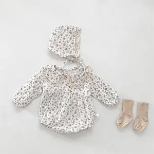 Baby Girls Casual Floral Doll Collar Cotton Romper with Lace Edge and Button Closure Autumn ODM Service