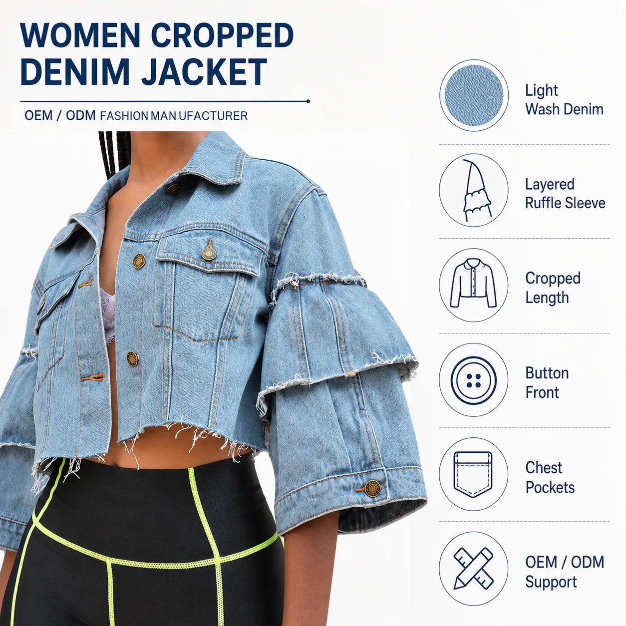 New Fashion Button Tassel Casual Solid Motorcycle Denim Cropped Jacket with Cotton Filling and Pockets for Women