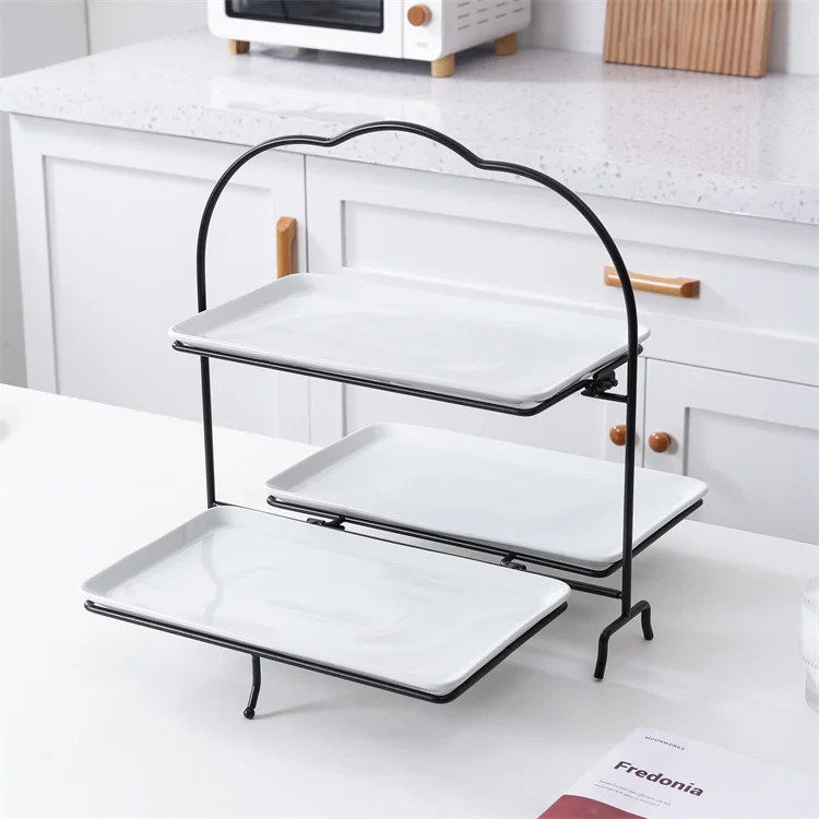 Popular Item 3 Tier Rectangular Serveware Ceramic Tray Dishes Plates Platter Ceramic Plate with Iron Stand