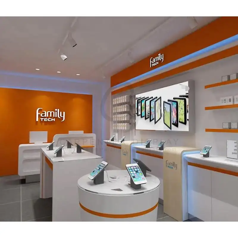 Free Store Design Mobile Phone Shop Decoration Glass Cell Phone Counter with Led Light Strip