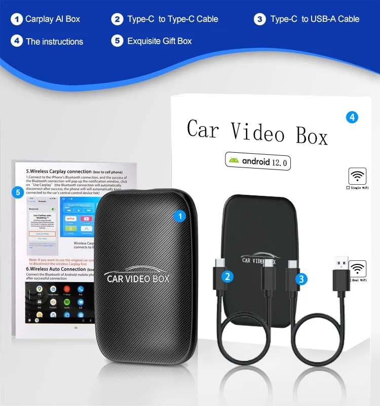 Adaptateur Sans Fil CarPlay Et Android Auto Universel - Plug & Play, WiFi 5G + Bluetooth 5.0 - Pour Netflix, YouTube, GPS - 3