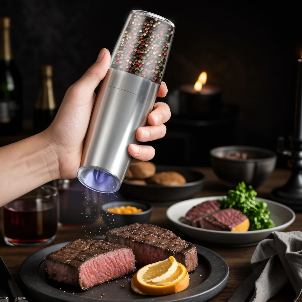 Kitchenware 135ML Stainless Steel Spice Grinder Gravity Electric Salt & Pepper Mill Grinder by Battery Operated
