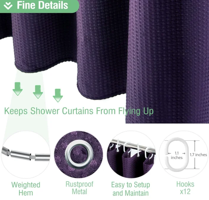 Luxury Minimalist Bath Curtain Set with 12 Plastic Hooks Black Purple Waffle Textured Heavy Duty Shower Curtains for Bathroom
