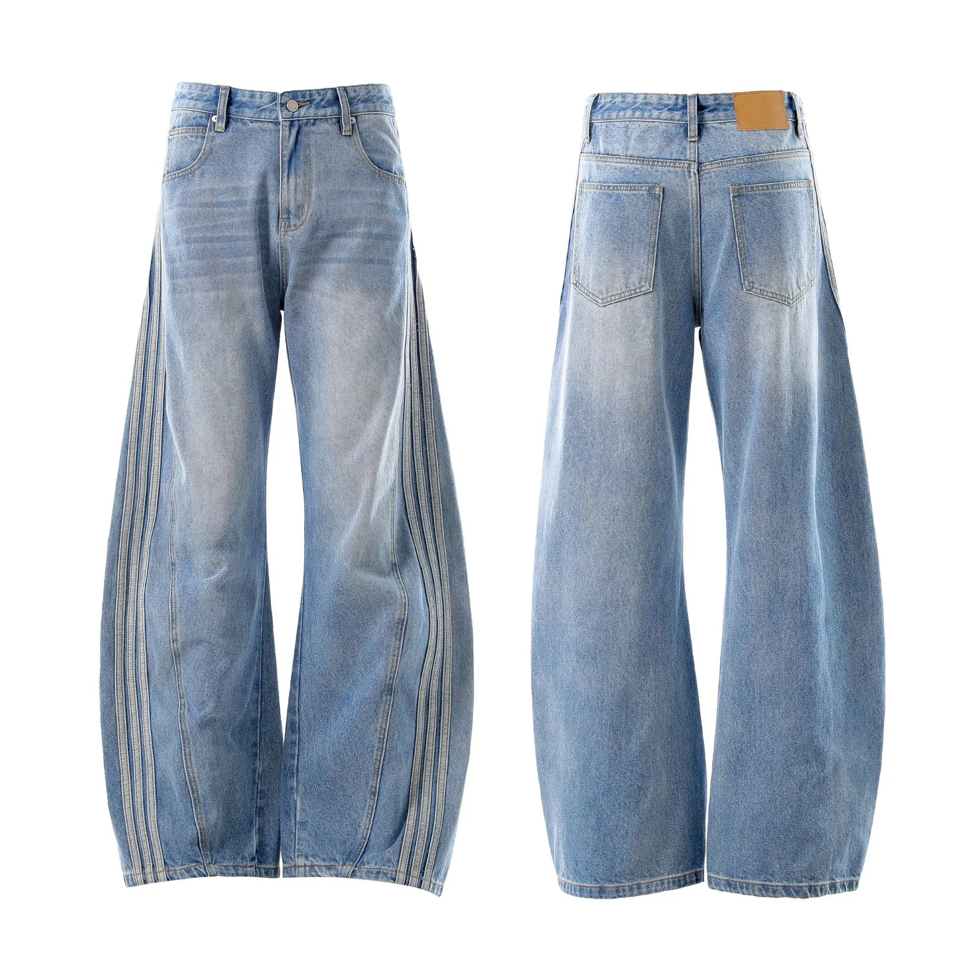 American Style Vintage Medium Wash Distressed Three-bar Straight Jeans Men's and Women's Summer New Boot Cut Katana Pants