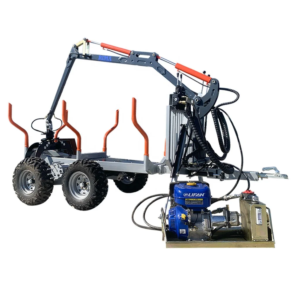 RIMA Forestry Machinery Hydraulic ATV Farm Timber Trailer with Crane Grapple Remote Control Winch
