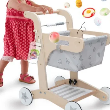 Fabrikdirekter OEM-Großhandel Baby-Kinderwagen aus Holz Supermarkt-Einkaufswagen Lernspielzeug für Kleinkinder Simulation Baby