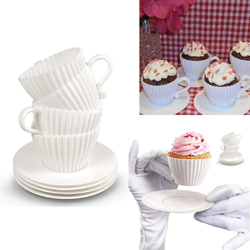 Teacups Set of Silicone Cupcake Baking Molds With 4 Silicone Tea Cups and 4  Plastic Saucers in 4 Colors for Cupcakes 