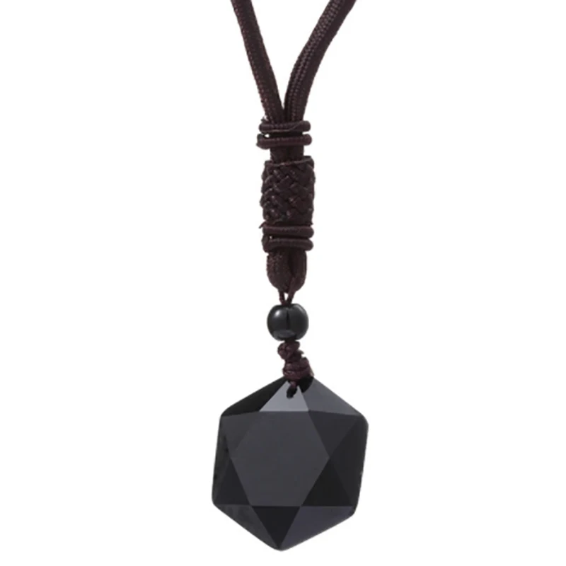 Amulet Natural Black Obsidian Cubic Hexagram Pendant Necklace Talisman David 