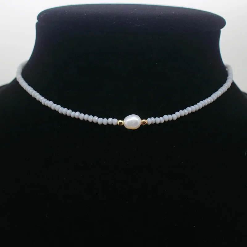 Faceted Glass Pearl Beads Necklace. Pearl Beaded Necklace Collar Necklace
