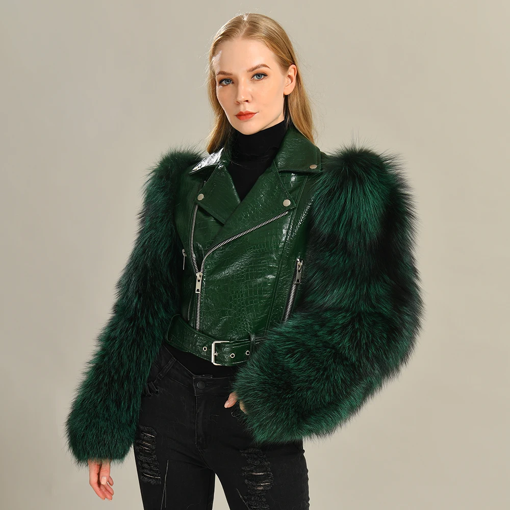 green leather jacket with fur sleeves