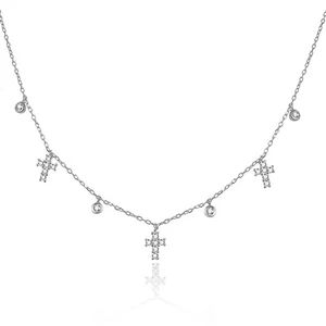 POLIVA Women's 925 Sterling Silver Dainty Cross Charm Choker Bohemian Jewelry with AAA Cubic Zirconia Fine Chains Necklace