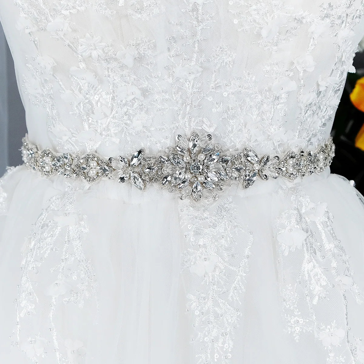 Long Ribbon Belt with Silver Rhinestone Applique for Wedding